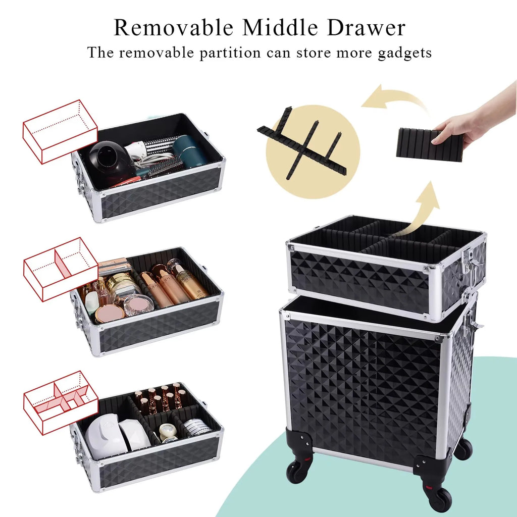Maletín de maquillaje rodante 3 en 1, maletín de maquillaje desmontable, maletín de cosmetología con ruedas, carrito de maquillaje con cerradura de gran capacidad para salón de belleza.