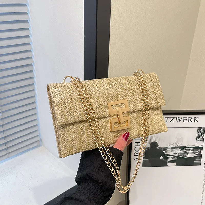 Bolso de mano de mujer tejido con hierba, cartera para móvil, bolso de estilo bohemio veraniego para la playa, cartera tejida, imprescindible para chicas de vacaciones.