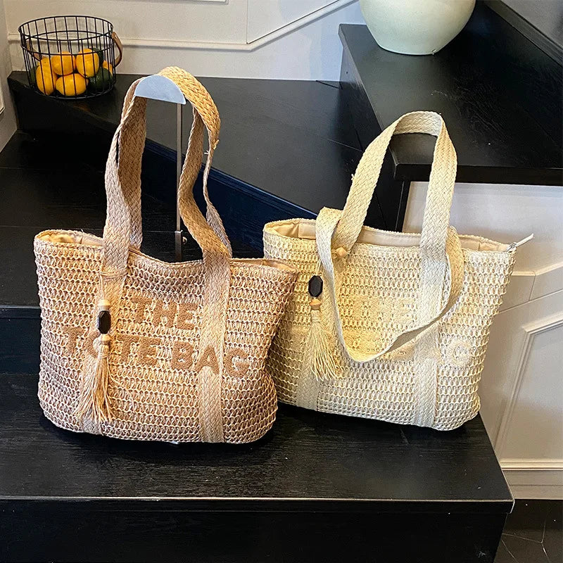Bolso de paja tejido de gran capacidad estilo francés para mujer, nuevo bolso de hombro para vacaciones en la playa, bolso de mano informal para el día a día.