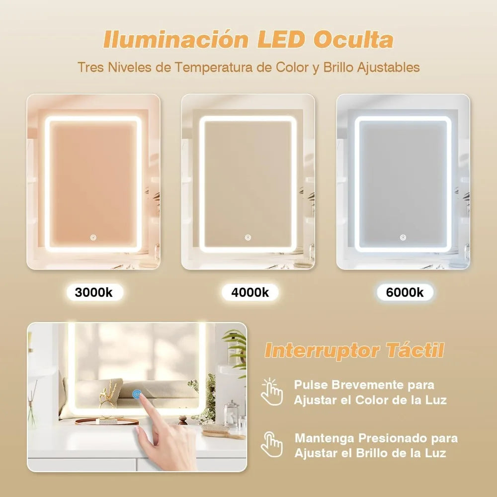 Tocador de maquillaje con espejo y luz LED regulable, tocador de maquillaje con 2 cajones y 4 estantes, estante inferior, mesa de escritorio,