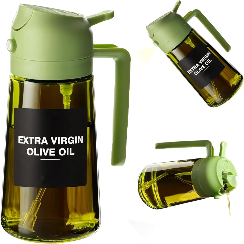 Pulverizador de aceite de 470 ml para cocinar, dispensador de aceite de oliva y botella pulverizadora 2 en 1, pulverizador de aceite con pegatinas, botella pulverizadora de vidrio grueso