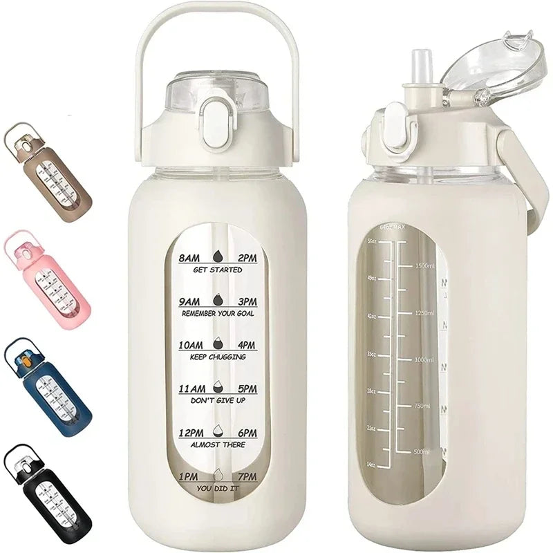 Botellas de agua de vidrio de 1000 ml con pajita, botella de vidrio con funda de silicona y marcador de tiempo, para gimnasio, camping, hogar y oficina.