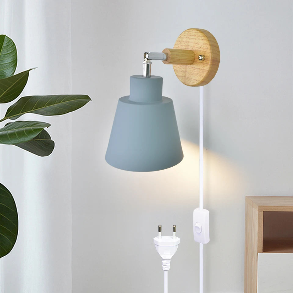 Aplique de pared nórdico para interiores, bricolaje, E27, madera, 6 colores, enchufe EU/UL, 350°, lámparas de pared para sala de estar, dormitorio, pasillo, apliques.
