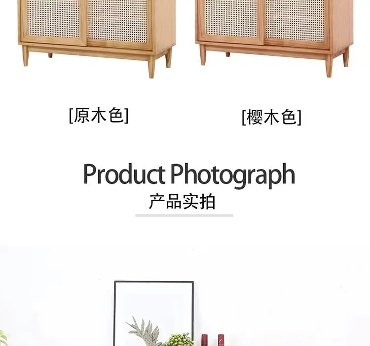 Nordic solid wood rattan dining side cabinet, entrance cabinet, American locker, simple tea cabinet, multi-functiona