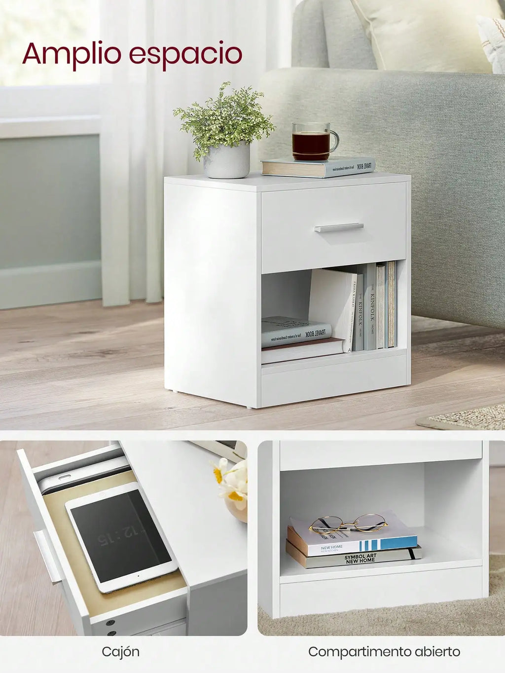 Mesita de noche/auxiliar VASAGLE con cajón, tirador y compartimento abierto. Mesita auxiliar. Dormitorio/Salón. Marrón castaño/Negro tinta
