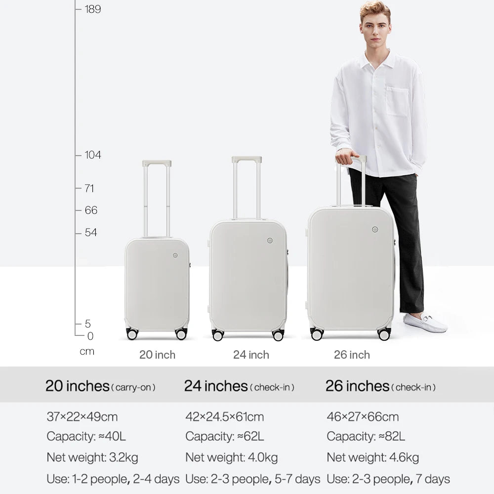Maleta de viaje Mixi con diseño patentado para hombre y mujer, con ruedas giratorias, tamaño de cabina (18", 20" y 24", para facturar), 100% policarbonato.
