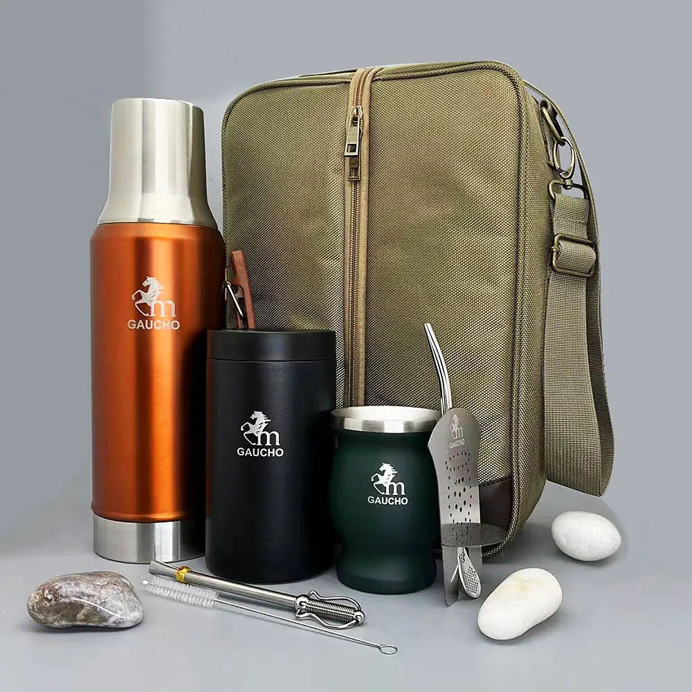 1 juego/lote de kits de viaje de yerba mate Gaucho que incluyen termo de acero inoxidable, taza de calabaza, bombilla, pajita, lata de té y separador de filtro.