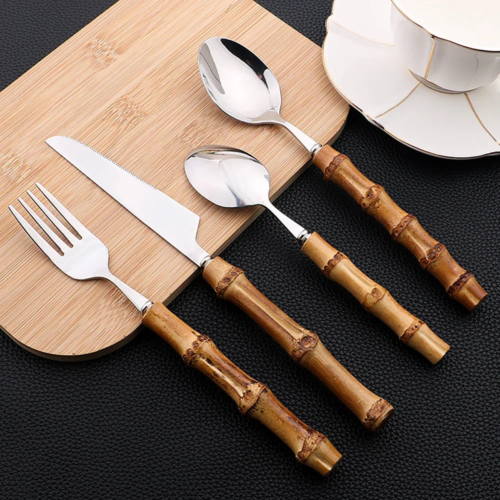 Juego de vajilla de bambú de 24 piezas, juego de cubiertos de bambú de acero inoxidable, juego de cubiertos con mango de madera natural, juego de cubiertos para carne, cuchillo para carne.