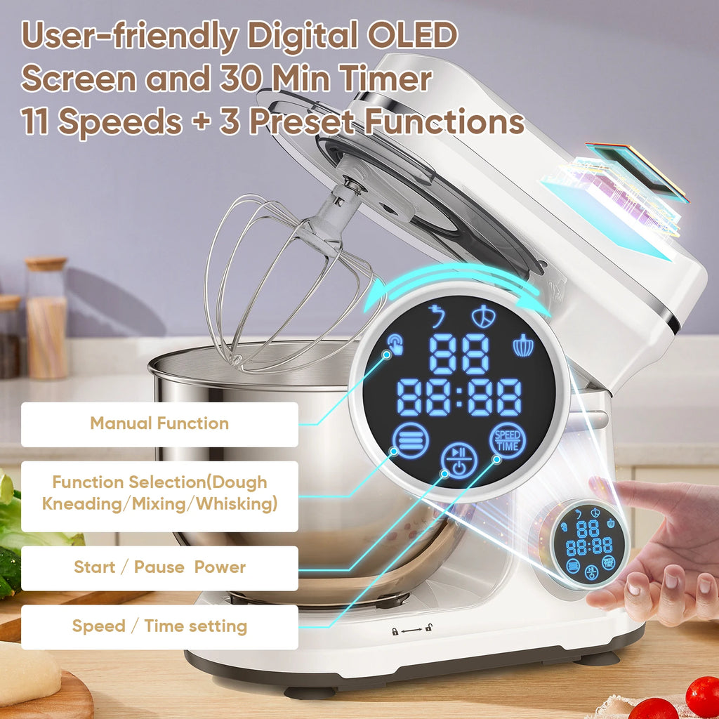 Batidora de pie BioloMix Kitchen, motor de CC de 1200 W y 11 velocidades, pantalla digital OLED, batidora eléctrica con gancho amasador y varillas.
