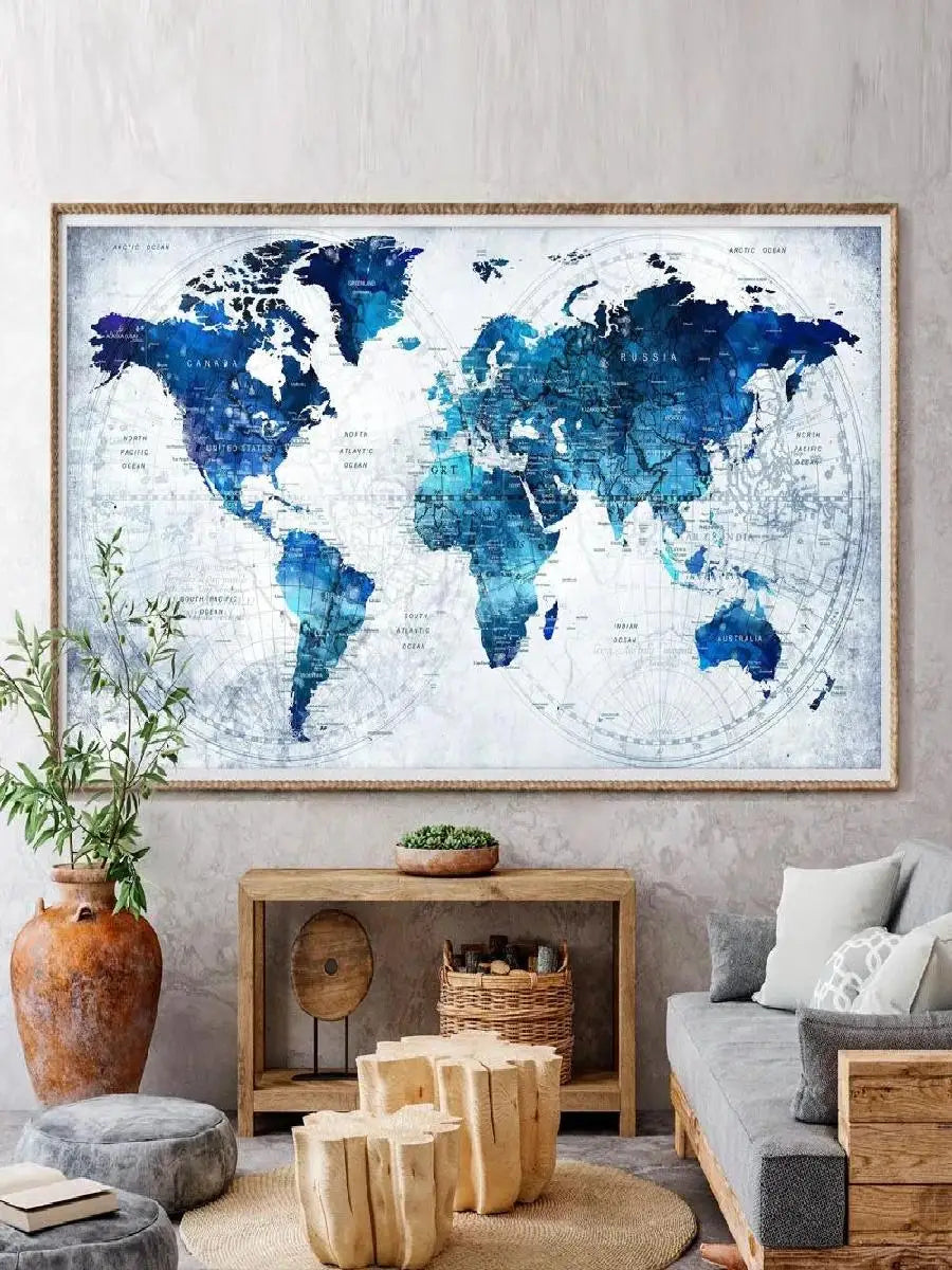 Arte en lienzo de mapa mundial moderno Póster decorativo para paredes de sala y dormitorio