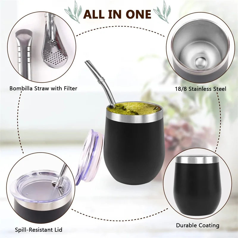 Juego de tazas para mate: vaso térmico de acero inoxidable con tapa y pajita, taza de mate de doble pared con cuchara para bebidas frías y calientes.