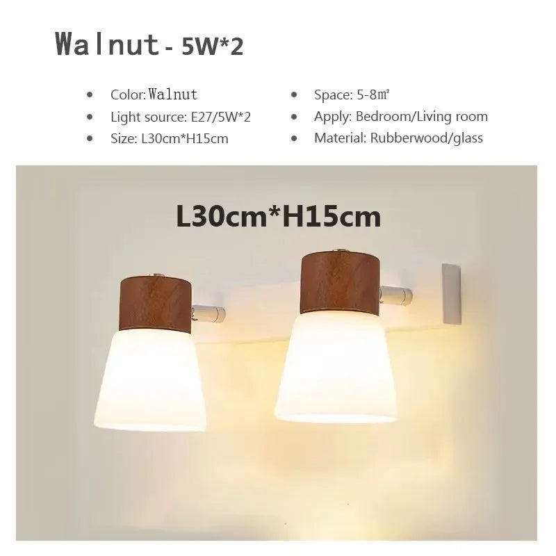 Lámpara de pared minimalista de madera para dormitorio, lámpara de noche de cristal con doble cabezal, luminarias creativas para pasillos.