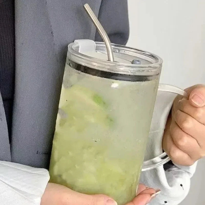 Vaso de vidrio de 1000 ml con tapa y pajita. Taza de café de vidrio transparente. Tazas para jugo, moca, leche y jugo.
