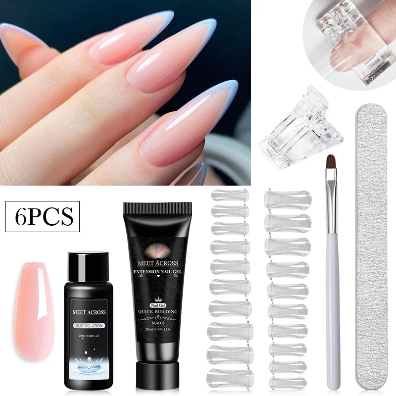 MEET ACROSS Kit de gel para extensión de uñas de 20 ml, gel duro de construcción rápida, acrílico, cristal blanco nude, esmalte de uñas de gel UV.