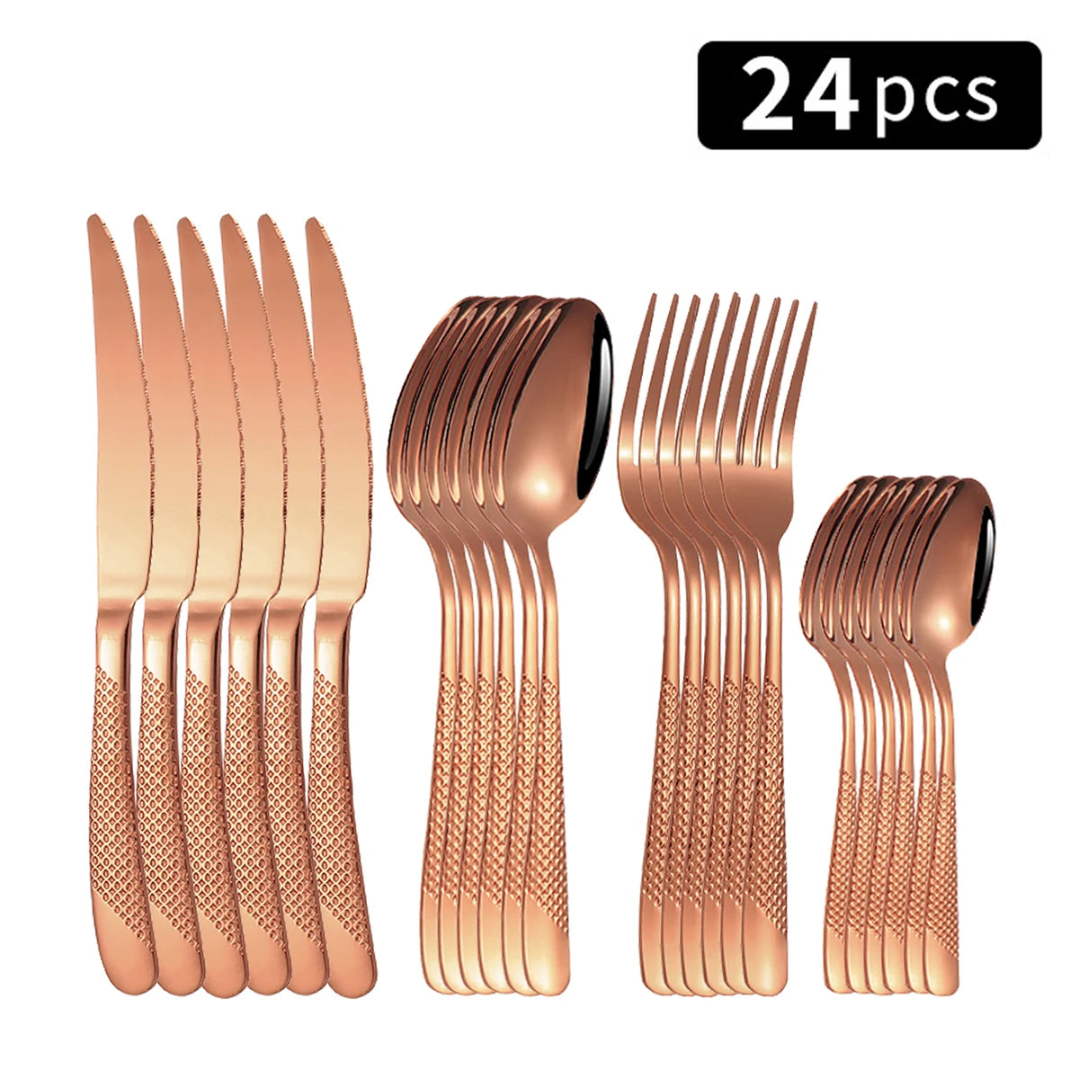 Juego de vajilla familiar de acero inoxidable de 24 piezas: cuchillo y tenedor para carne, tenedor de postre y cuchara.