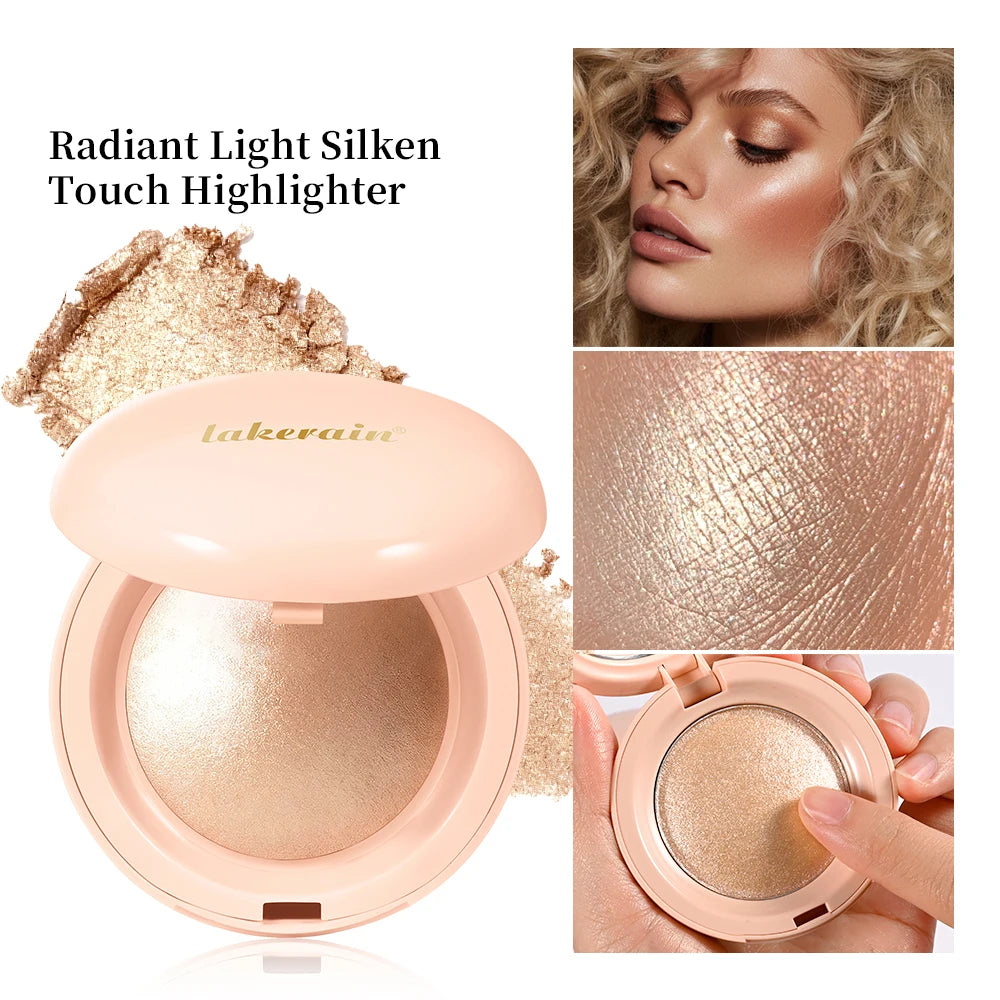 Iluminador facial en polvo resistente al agua de larga duración para una piel radiante al instante. Brillo horneado para un maquillaje con efecto iluminador y contorno.