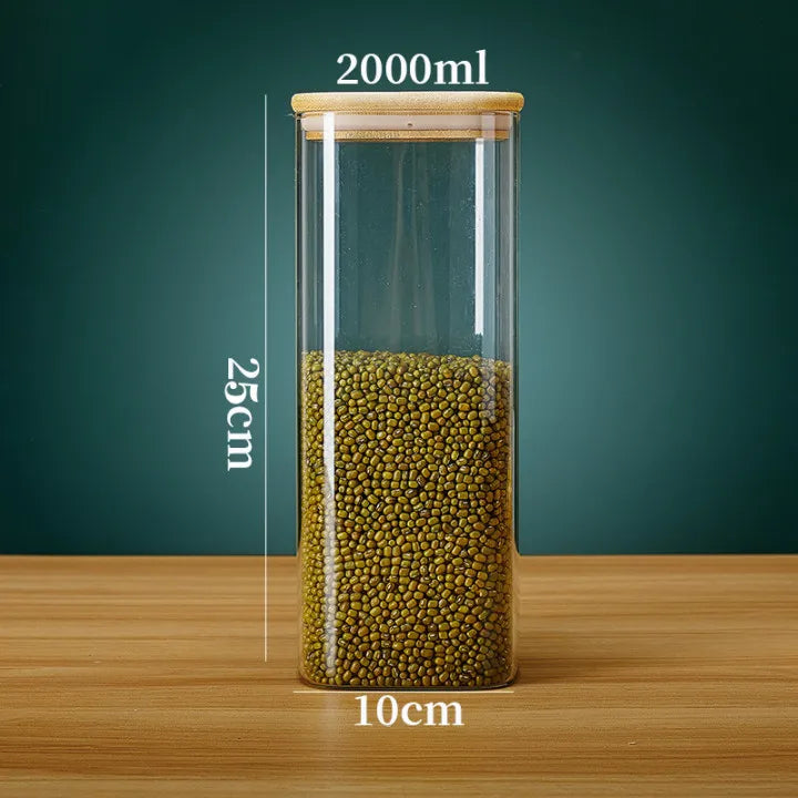 Tarros de vidrio cuadrados con tapa de bambú para almacenar granos de café, cereales, fideos y otros alimentos. Organizadores de cocina.
