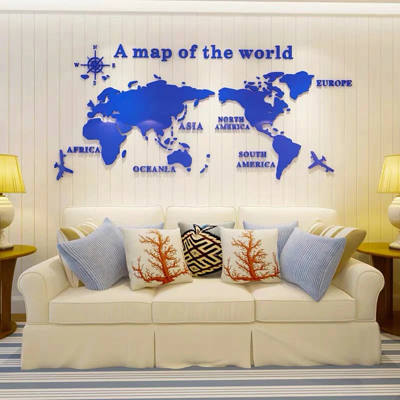 Pegatinas de pared acrílicas 3D con mapa del mundo, pegatinas de espejo tridimensionales, pegatinas decorativas para pared de dormitorio y oficina.