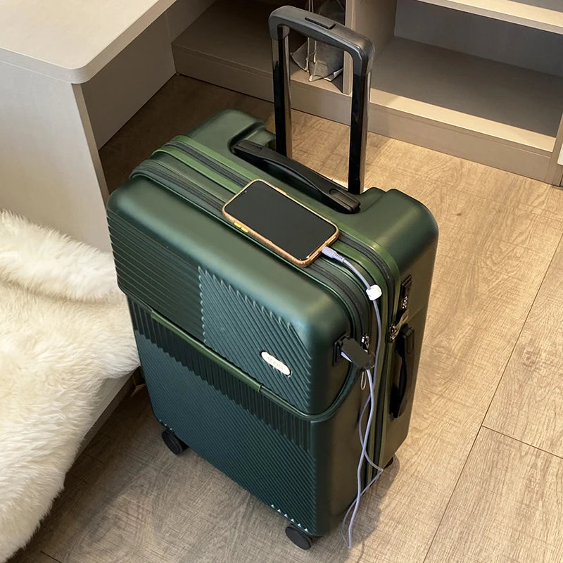 Nueva maleta de embarque con apertura frontal para hombre y mujer, 20/24/26 pulgadas, ligera, con ruedas, ideal para viajes y con carga USB.