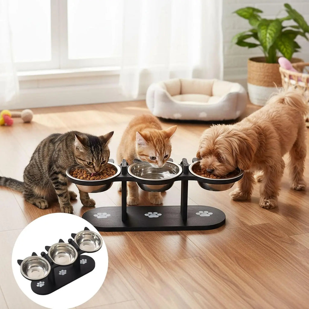 Comedero elevado para gatos con estructura de soporte de madera negra, cuencos de acero inoxidable para gatos, soporte inclinado de 15°, suministros para alimentación y agua.