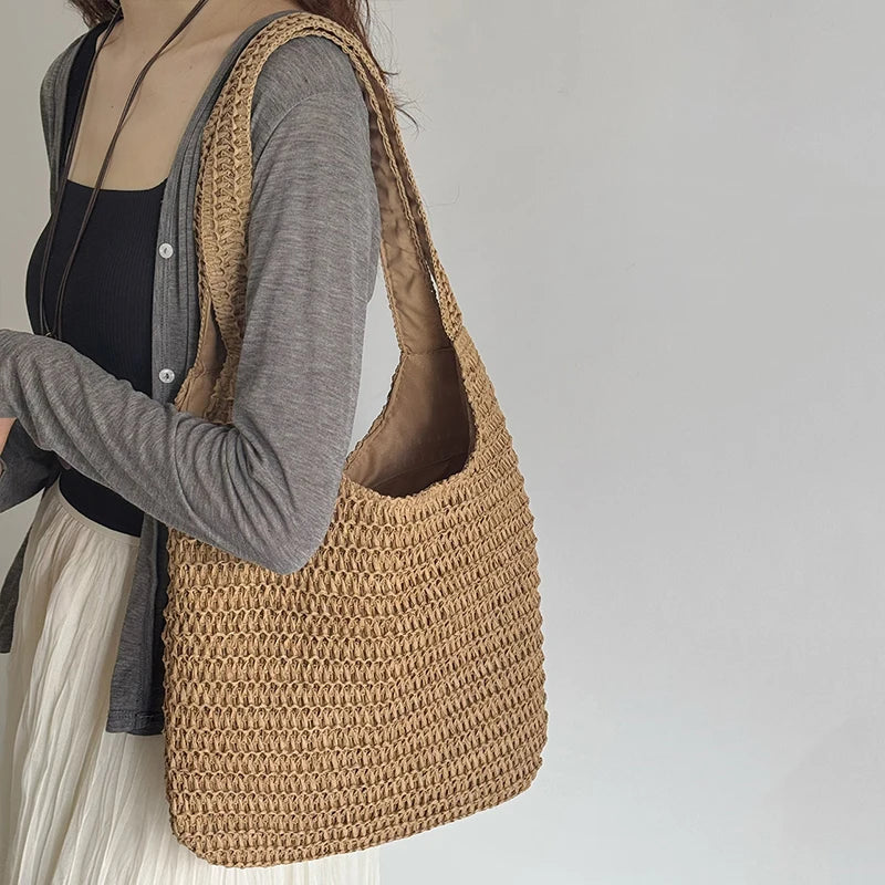Bolsos de hombro de ratán para mujer, bolsos de mano tejidos para mujer, bolsos de paja de gran capacidad para la playa de verano, bolsos de mano informales.