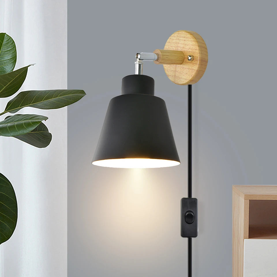 Aplique de pared nórdico para interiores, bricolaje, E27, madera, 6 colores, enchufe EU/UL, 350°, lámparas de pared para sala de estar, dormitorio, pasillo, apliques.