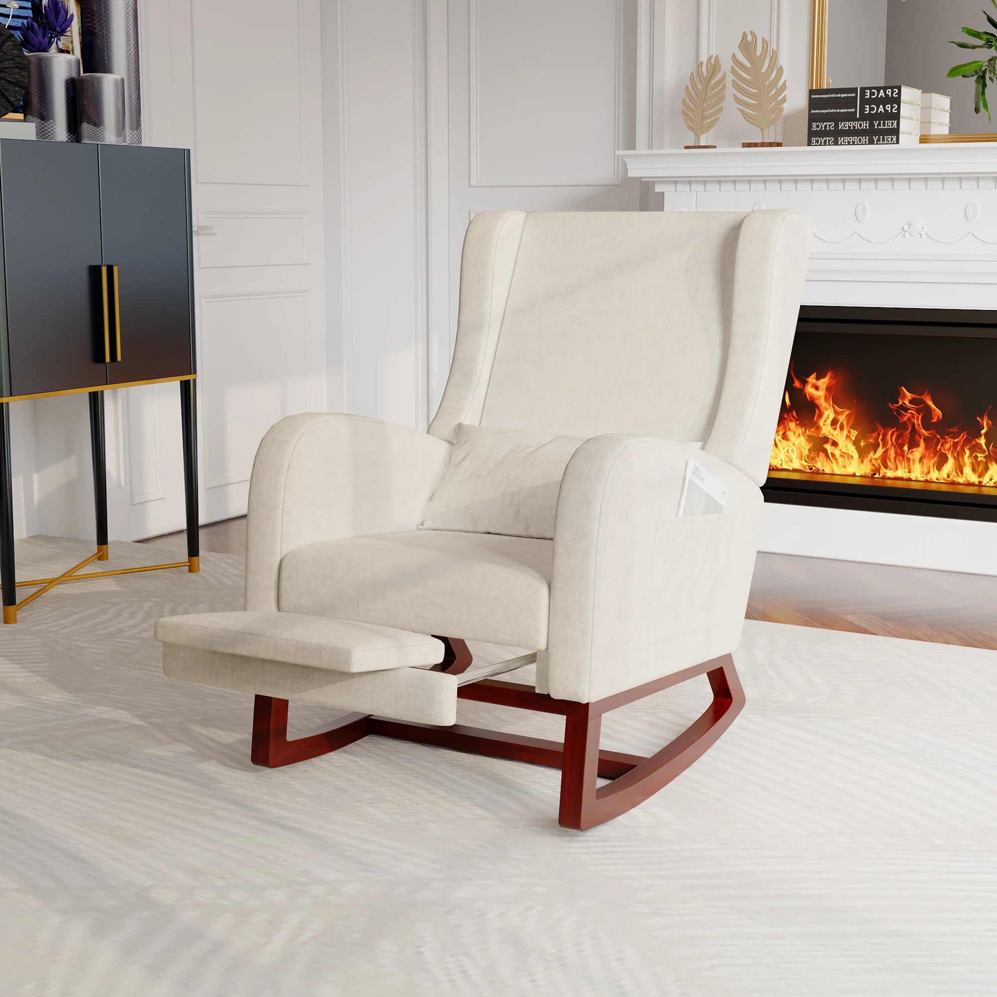 Mecedora Anajqaqia, silla para sala de estar, sillón, con base de madera y 2 bolsillos laterales, capacidad de carga: 150 kg.