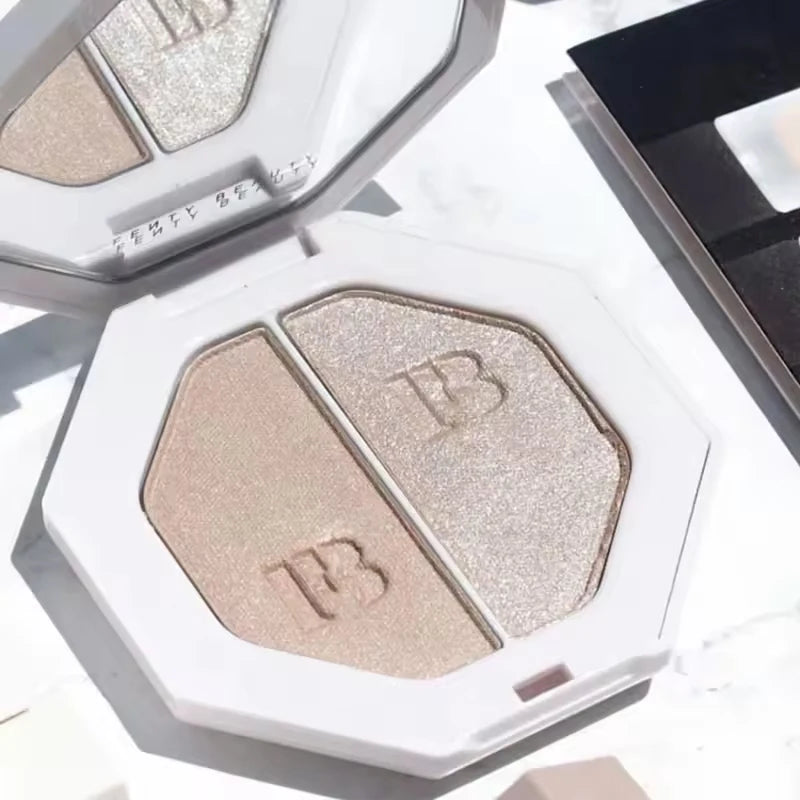 Maquillaje con barra de contorno multicolor de Fenty Beauty, corrector facial mate 3D Diamond Highlight, brillo labial a base de agua que no se desvanece.