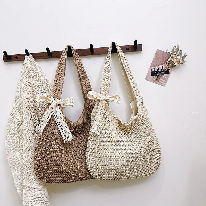 Bolsos de hombro de ratán para mujer, bolsos de mano tejidos para mujer, bolsos de paja de gran capacidad para la playa de verano, bolsos de mano informales.