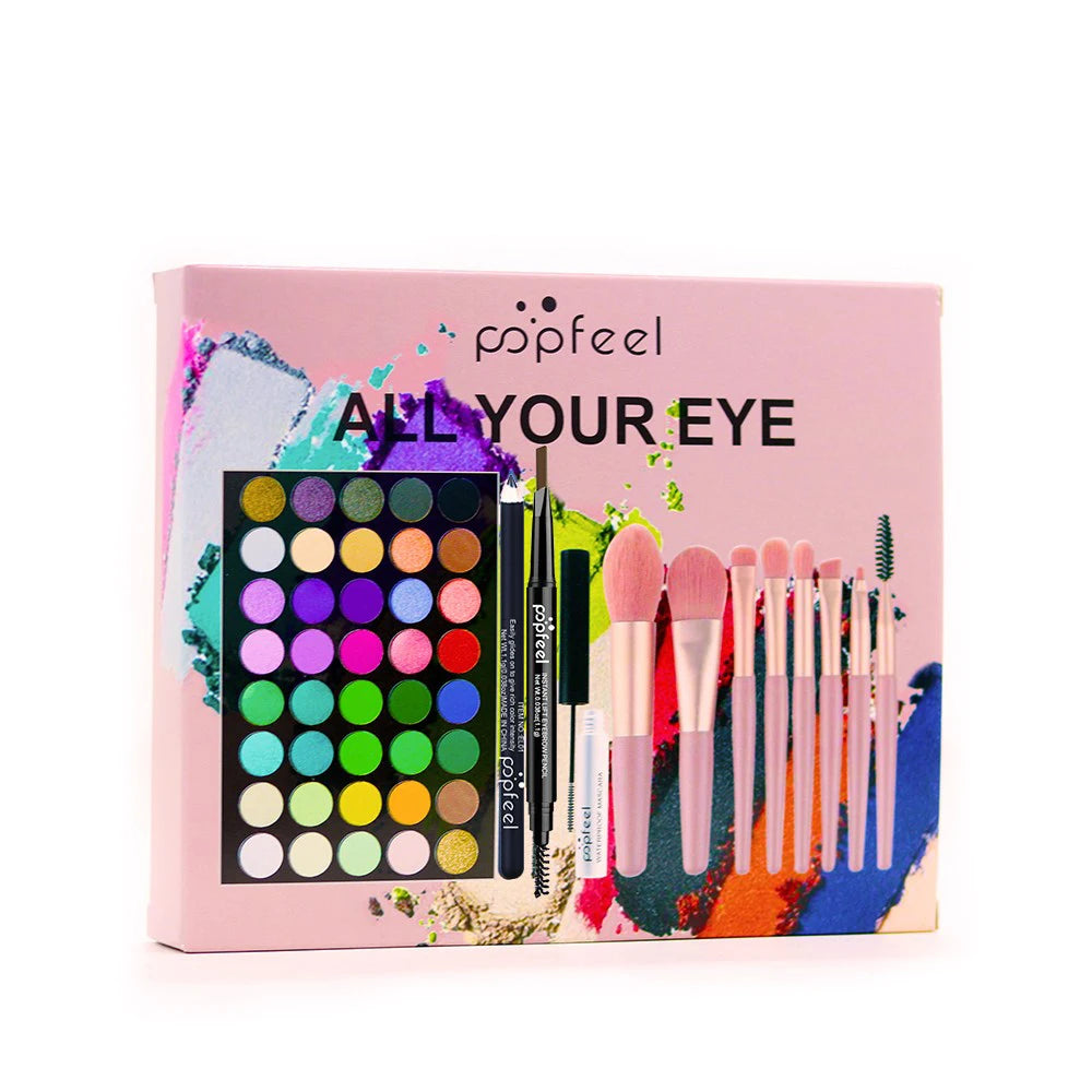 Set de maquillaje para ojos POPFEEL con paleta de sombras de ojos de 40 colores, lápiz de cejas, delineador de ojos, máscara de pestañas y un juego de brochas de maquillaje. Cosméticos para ojos.
