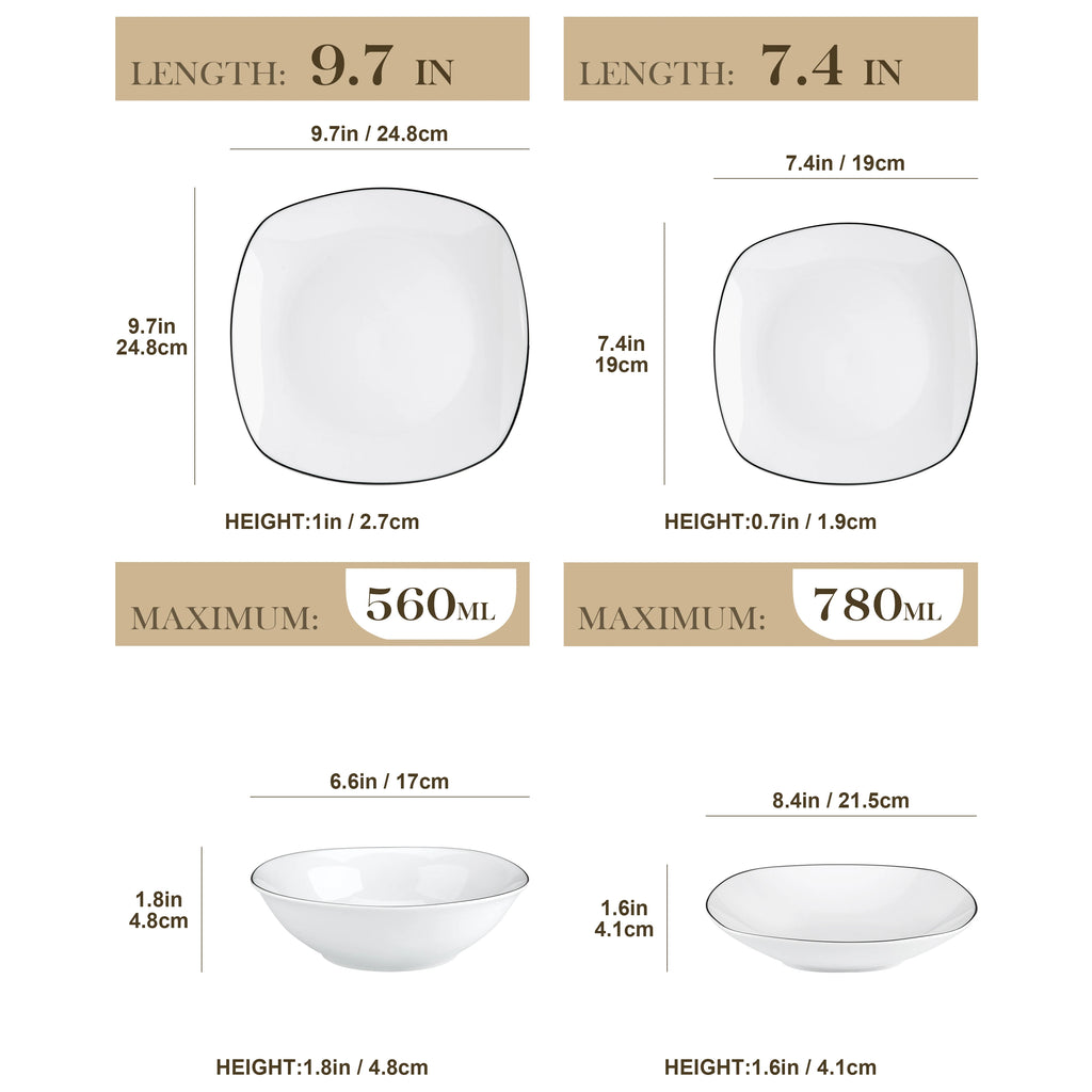 Juego de vajilla de porcelana MALACASA de 24/48 piezas con borde negro, que incluye 6/12 platos hondos y llanos. Servicio para 12/24 personas.