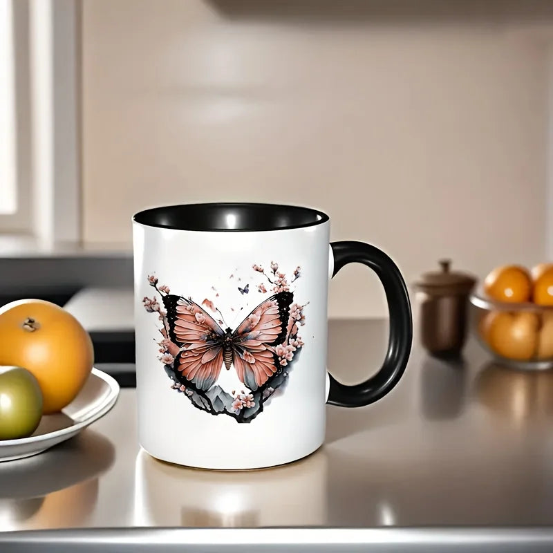 Taza de cerámica con diseño floral de mariposas: elegante taza de café blanca con diseño de mariposas rosas y flores de cerezo, apta para microondas y reutilizable.