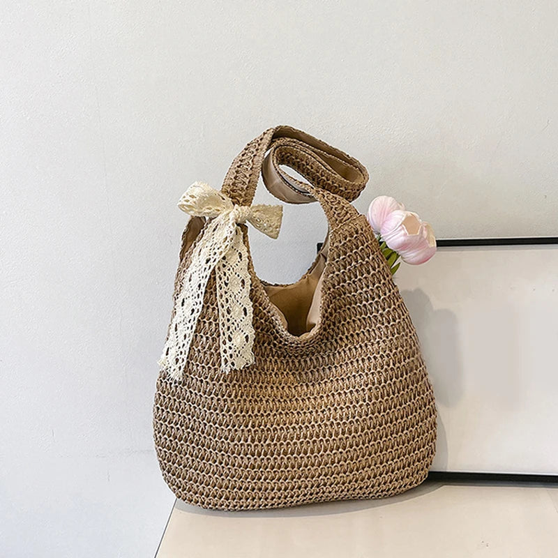 Bolsos de hombro de ratán para mujer, bolsos de mano tejidos para mujer, bolsos de paja de gran capacidad para la playa de verano, bolsos de mano informales.