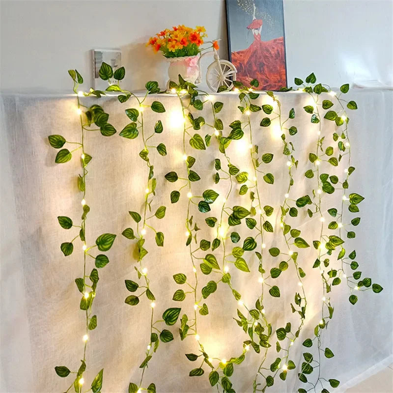 Guirnalda de luces de flores y hojas verdes, luces artificiales de hadas con forma de enredadera, luces de Navidad a pilas para decoración del hogar y bodas.