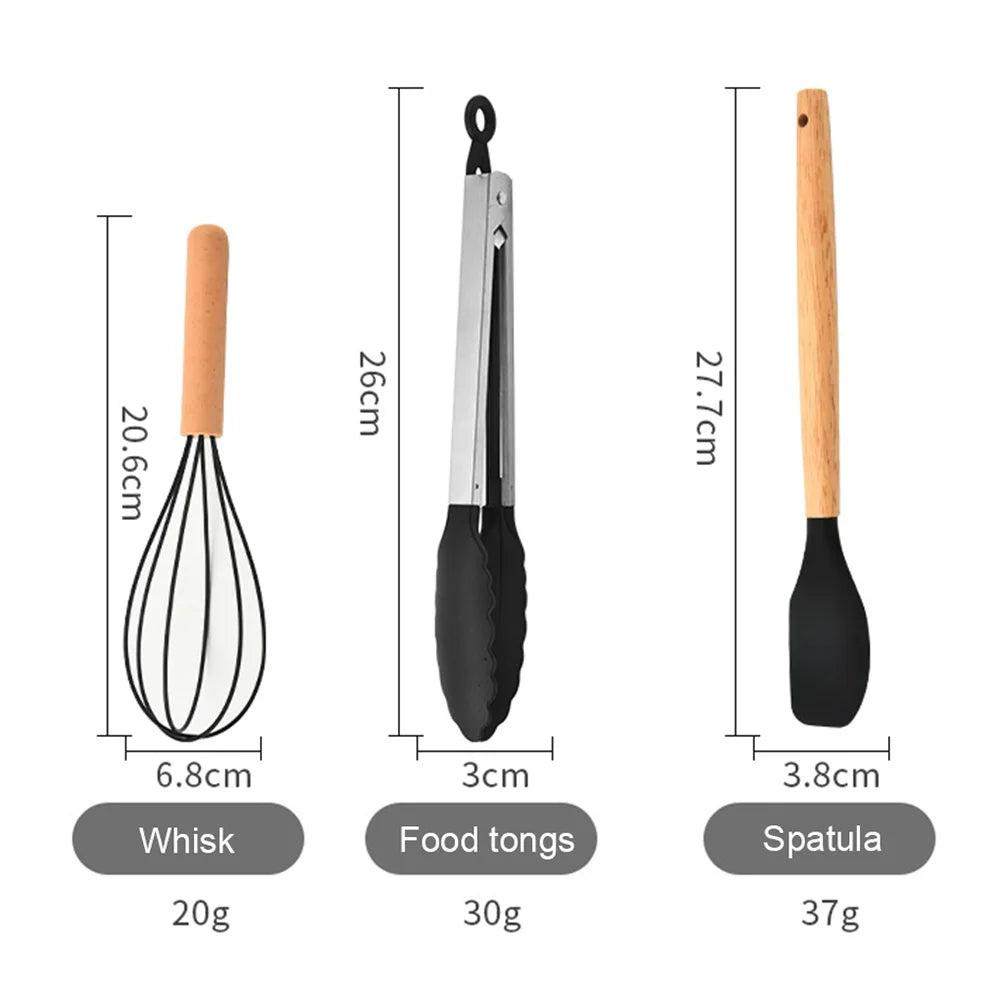 Juego de 12 piezas de utensilios de cocina de silicona antiadherentes: espátula, pala, cuchara, brocha, batidor, mango de madera.