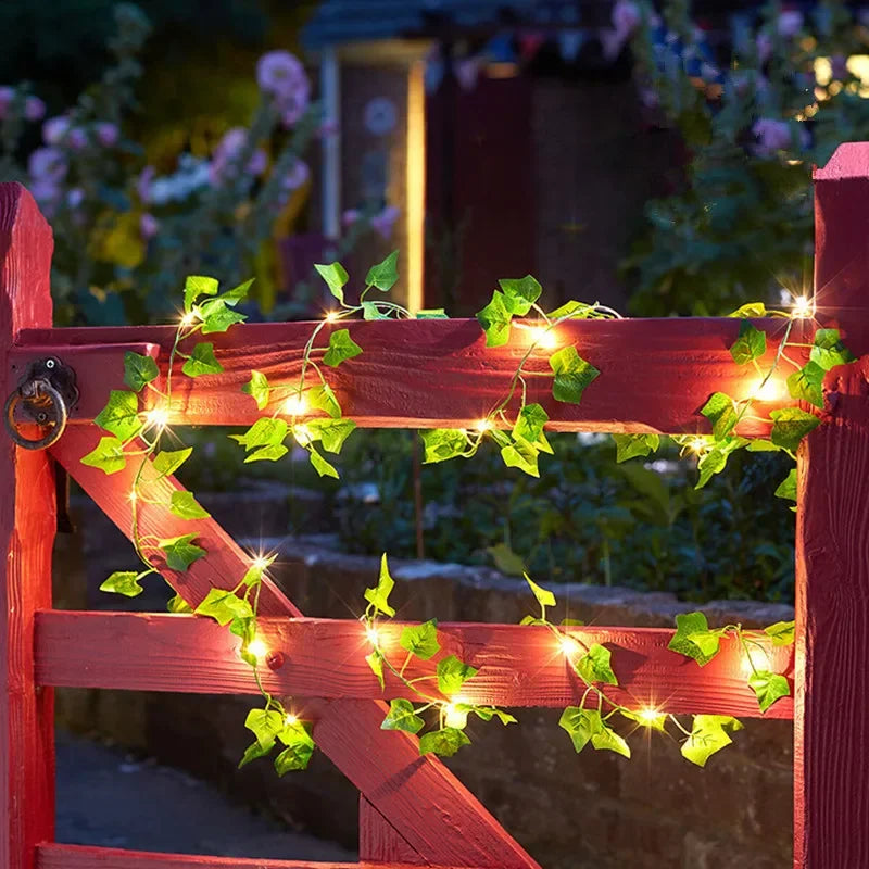 Guirnalda de luces de flores y hojas verdes, luces artificiales de hadas con forma de enredadera, luces de Navidad a pilas para decoración del hogar y bodas.
