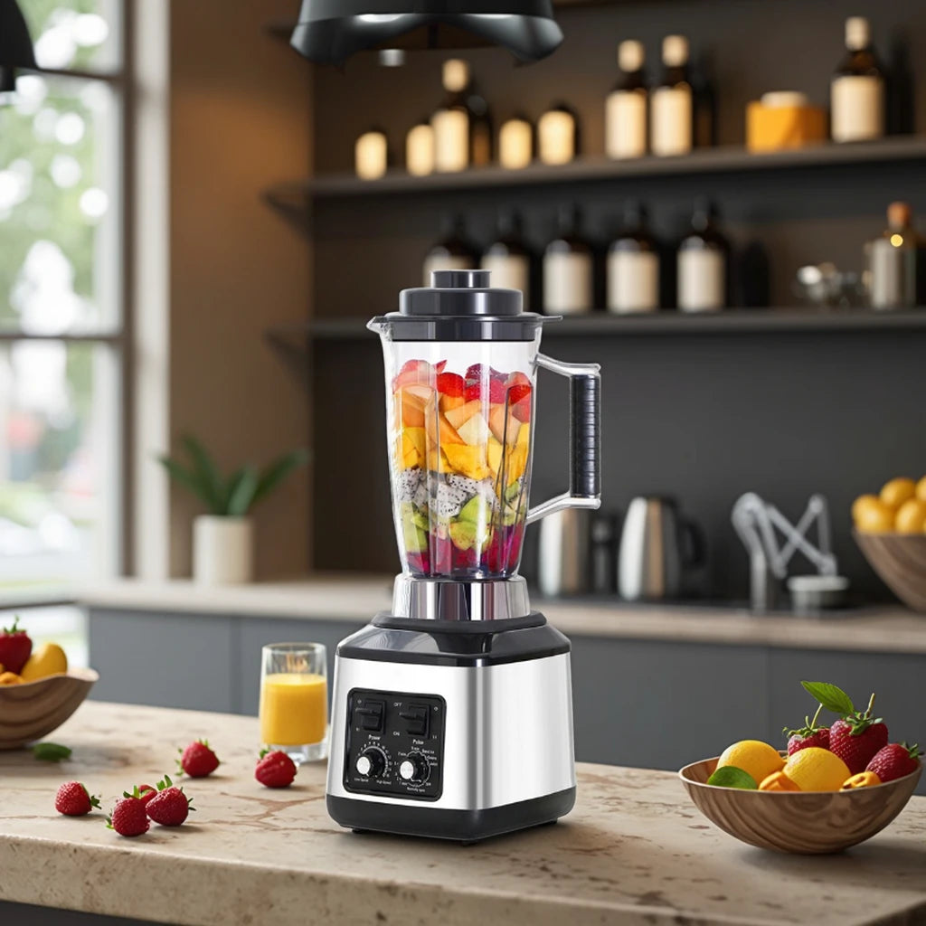 Licuadora y picadora German Chef de 4500 W, ecológica, de bajo ruido, con sonido retro, color plata, ideal para masa de repostería, hielo, batidos y uso doméstico.