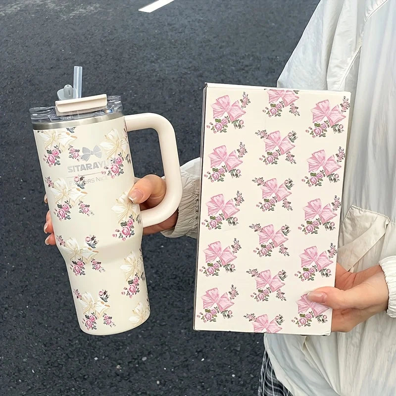Vaso térmico de acero inoxidable con aislamiento al vacío de 900 ml con estampado floral y pajita, ideal para mantener las bebidas frías. Regalo de cumpleaños para mujeres.