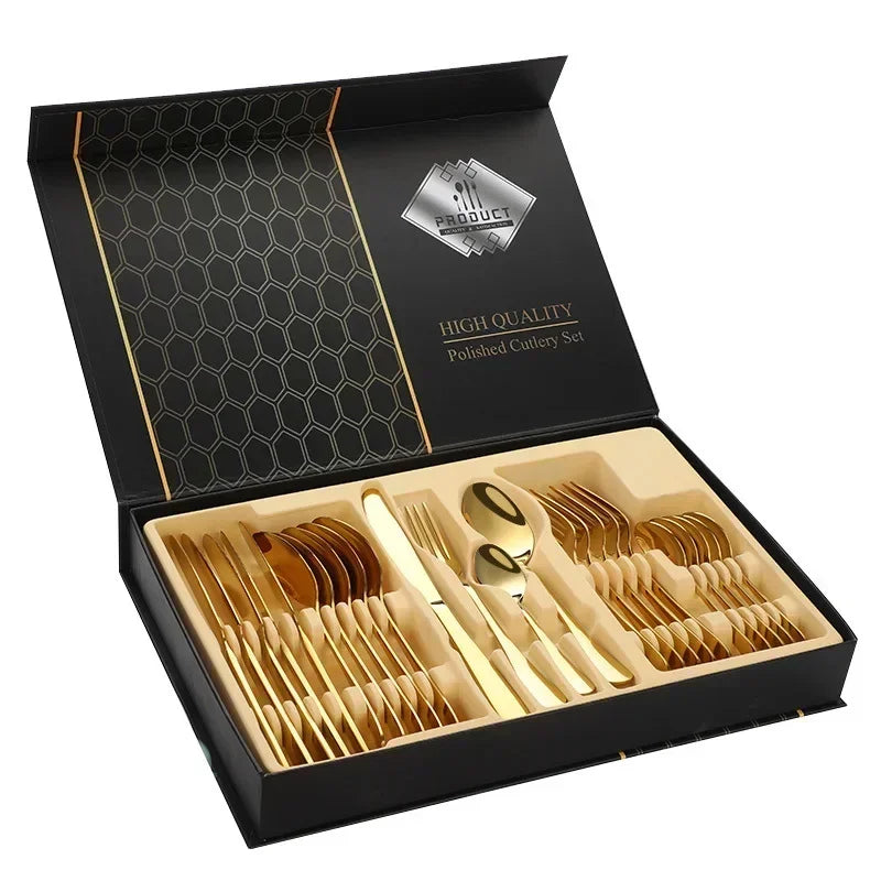 Juego de vajilla dorada de 24 piezas, lujo ligero, acero inoxidable, cubiertos, tenedor, cuchillo, cuchara, vajilla minimalista con caja de regalo.