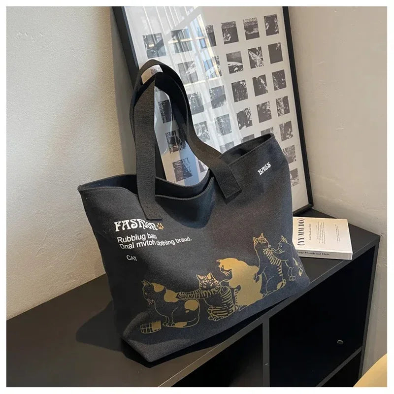 Bolsos de lona de gran capacidad, bolso de mano para mujer, bolso de hombro con estampado de gato anime y letras, bolso casual para niñas, bolso de viaje portátil grande.