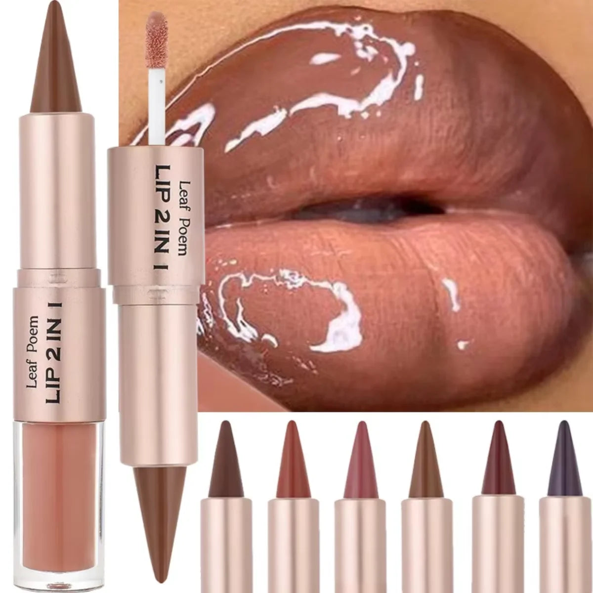 Delineador de labios 2 en 1 cónico degradado, brillo labial nude marrón efecto espejo, delineador de labios mate, resistente al agua, contorno de labios, maquillaje no pegajoso.