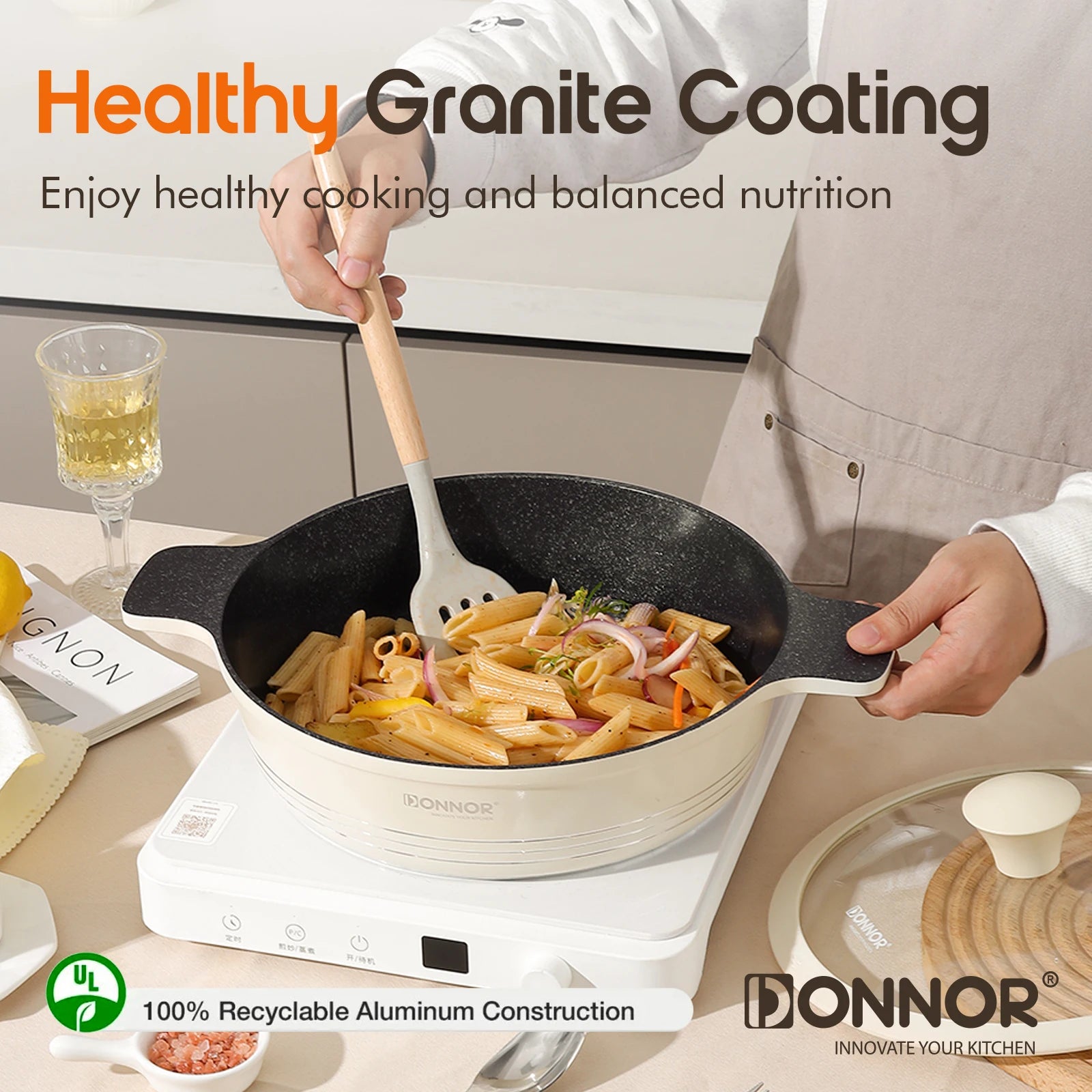 Juego de utensilios de cocina de cerámica DONNOR, juego de utensilios de cocina antiadherentes saludables aptos para placas de inducción y lavavajillas. Libre de PFAS, PFOA y PTFE.