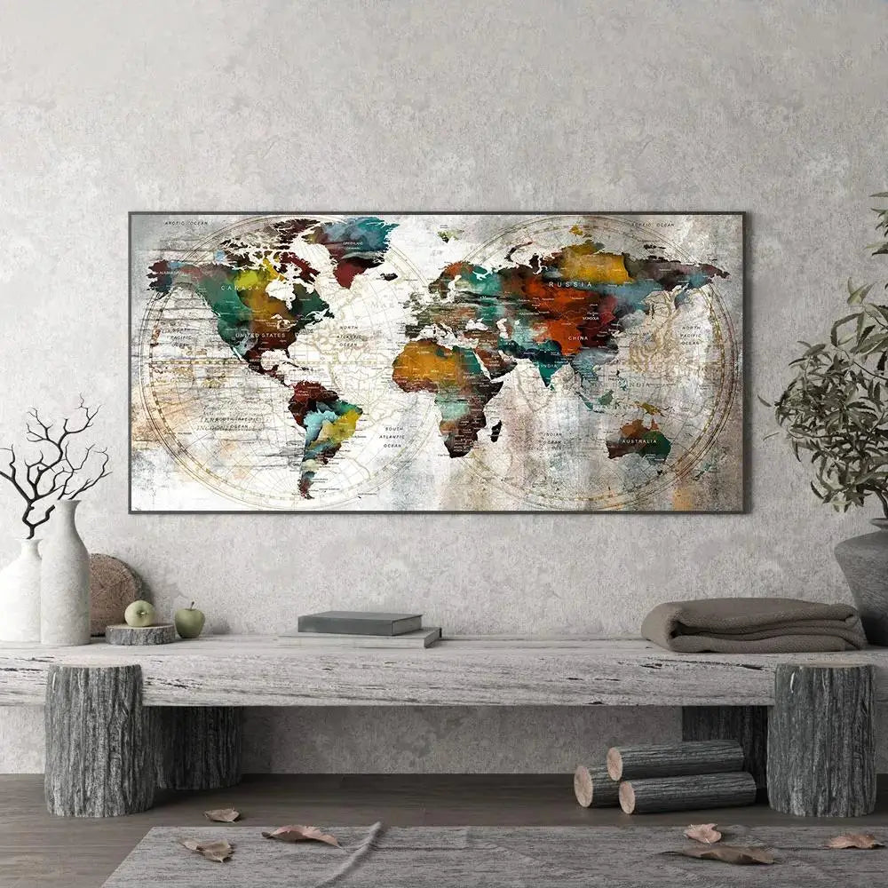 Arte en lienzo de mapa mundial moderno Póster decorativo para paredes de sala y dormitorio