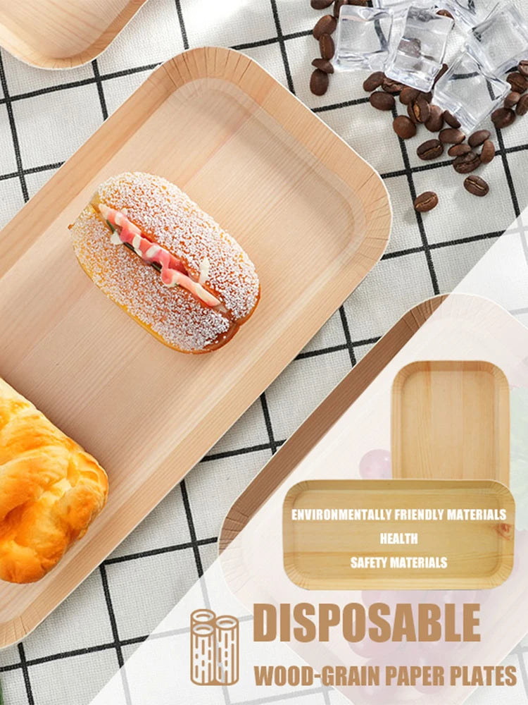 10/20 unidades de platos rectangulares desechables de madera, bandeja de papel, vajilla para postres, pan y ensaladas, accesorios de mesa para cenas y fiestas.