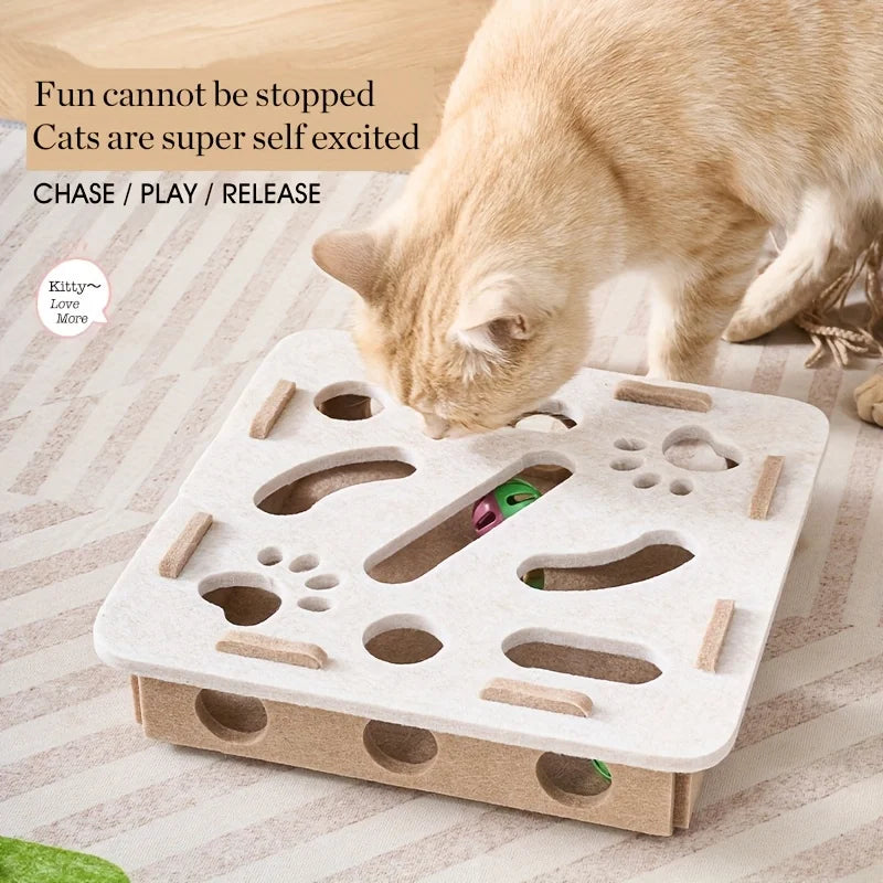 Juguete interactivo de fieltro para gatos con forma de rompecabezas, caja de juguetes con laberinto, túnel, campana y pelota. Juguete de entretenimiento para gatos para interiores.