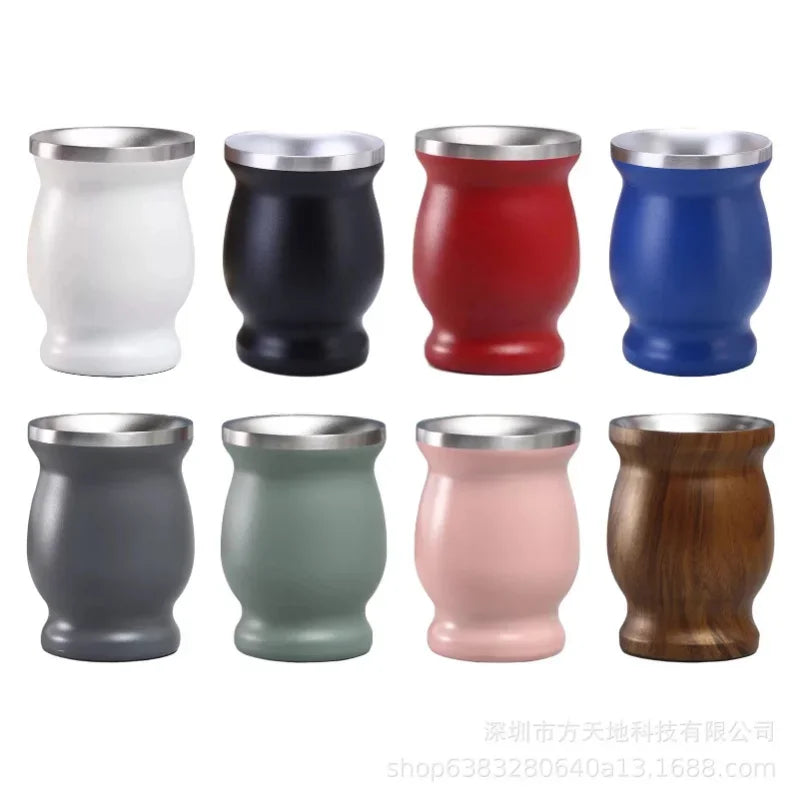 Juego de taza de yerba mate de 230 ml de acero inoxidable. Incluye cepillo de limpieza doble, pajita, taza aislante anti-quemaduras. Utensilios de té para el hogar.