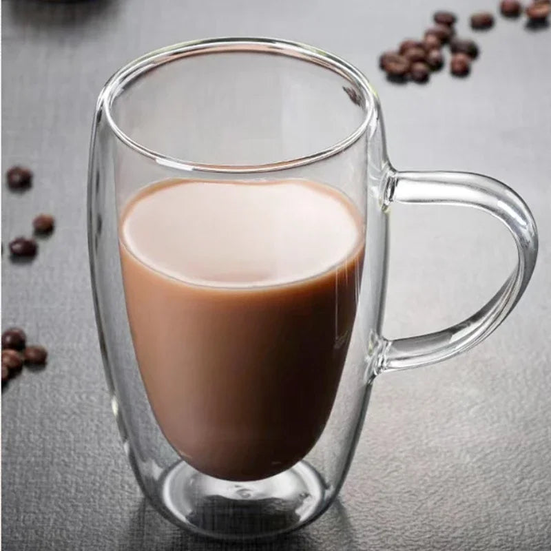 Taza de vidrio de borosilicato de doble pared transparente resistente al calor con asa, ideal para café, leche, zumo o agua. Regalo perfecto para amantes del café.