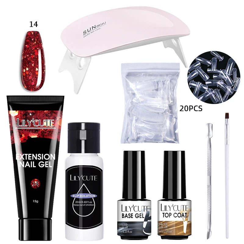 Kit de gel para extensión de uñas LILYCUTE de 15 ml, solución acrílica, esmalte en gel con lámpara para uñas para una rápida extensión, gel UV para uñas.