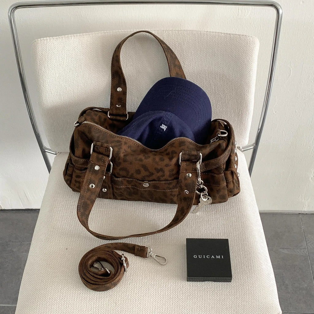 Bolso de mano estilo Boston Casual Messenger con remaches de leopardo vintage para motocicleta, bolso bandolera para mujer, bolso de hombro de moda para mujer, bolsos tote