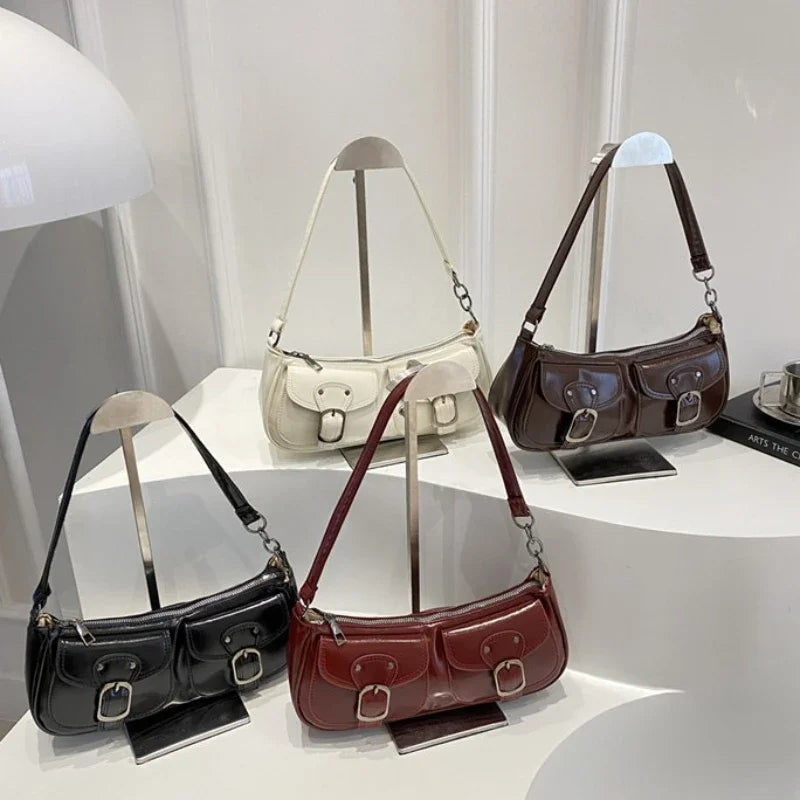 Bolso baguette de piel sintética: bolso de mano con dos bolsillos y bandolera para mujer | Colección otoño/invierno 2025, color liso, estilo vintage Y2K